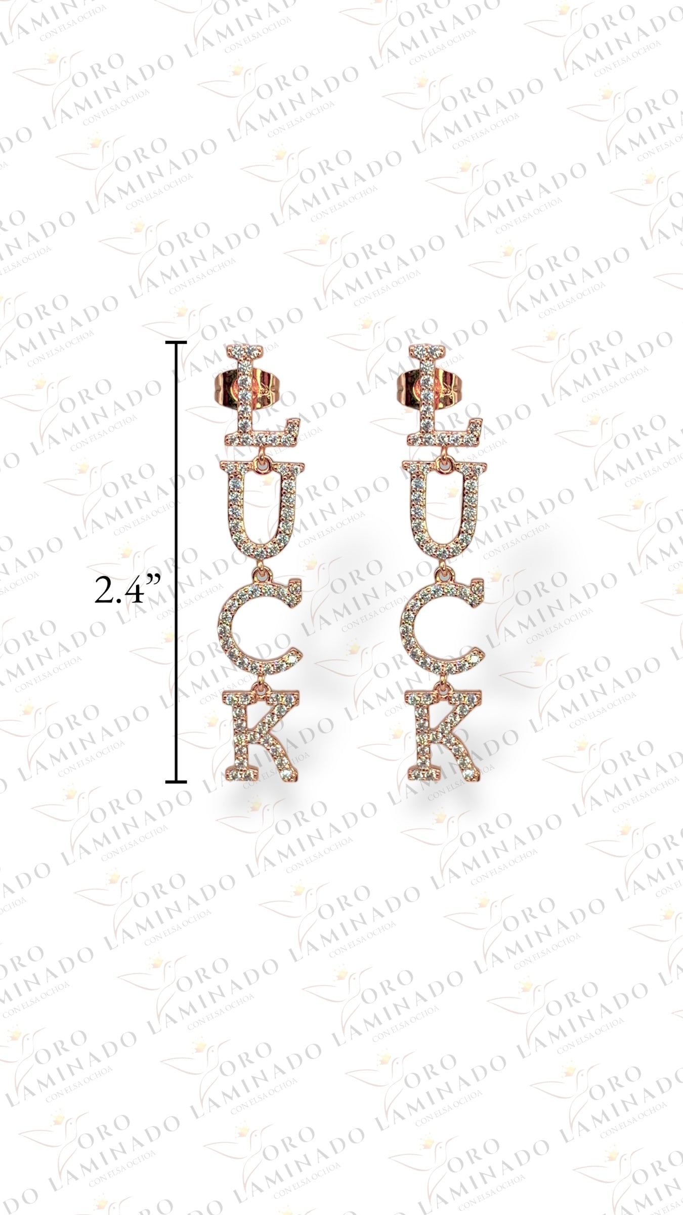 Rose gold earrings with design of the word LUCK G212