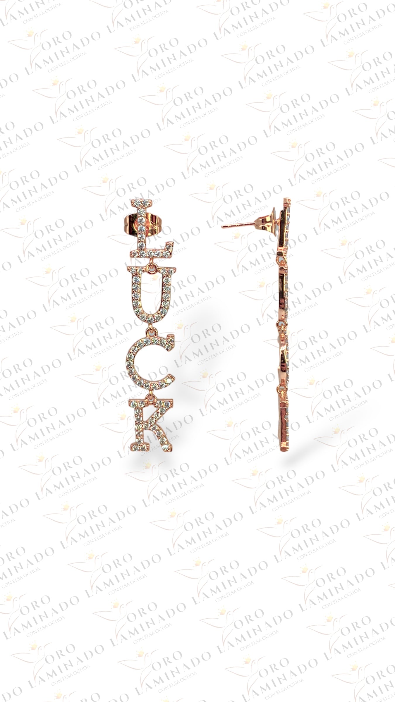 Rose gold earrings with design of the word LUCK G212