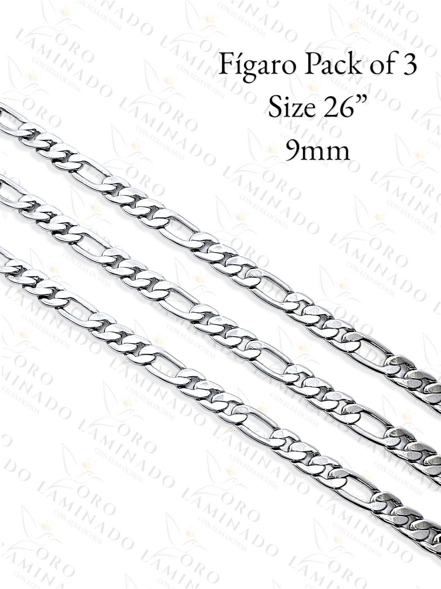 Silver Figaro Pack of 3 Chains Size 26" 9mm B198