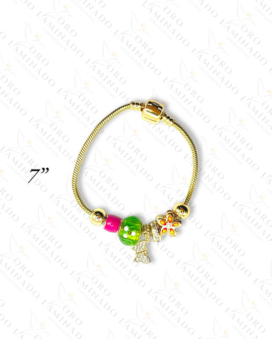 High Quality Gold Charm Bracelet with green & pink charm, flower with zirconia and hanging butterfly G156