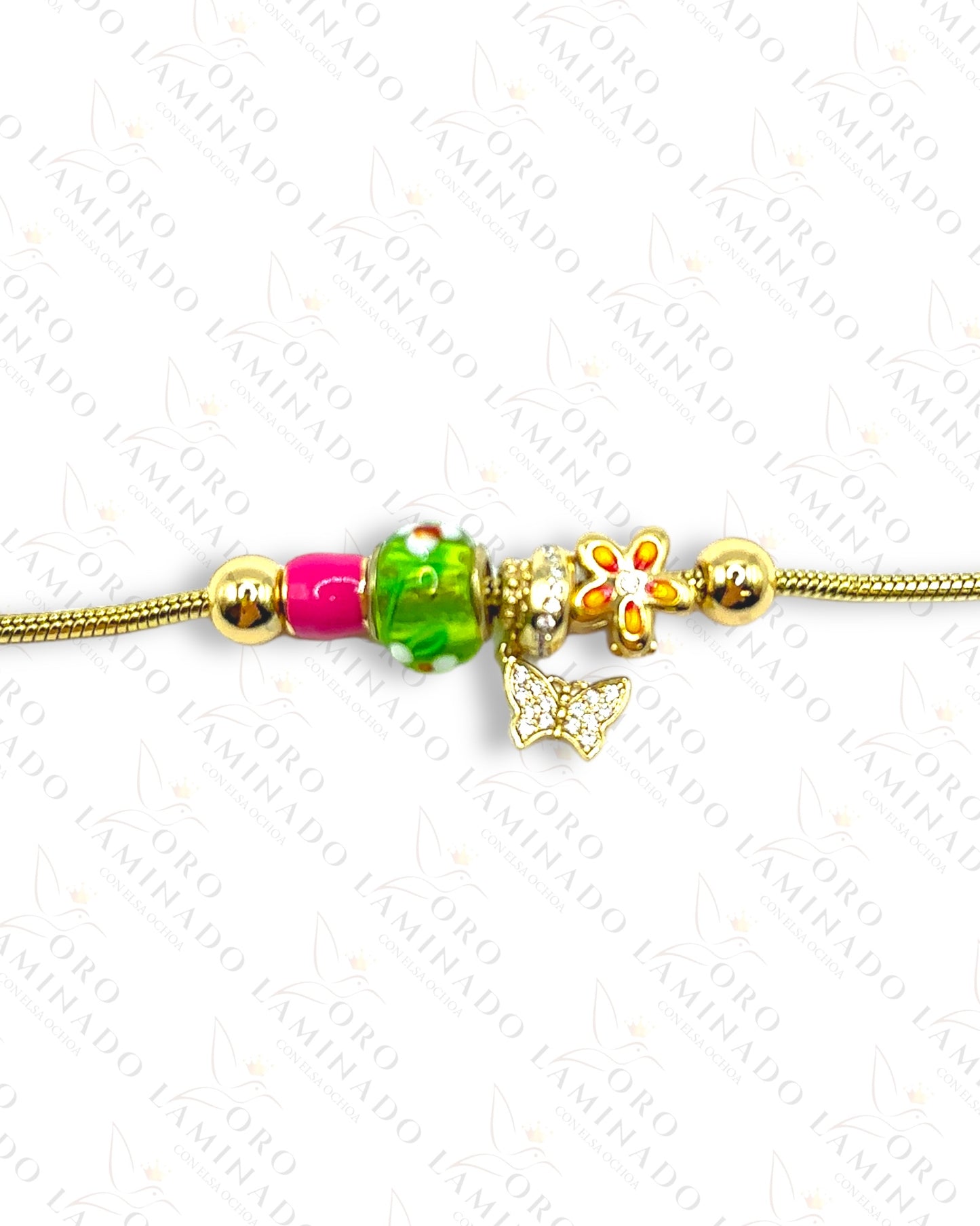 High Quality Gold Charm Bracelet with green & pink charm, flower with zirconia and hanging butterfly G156