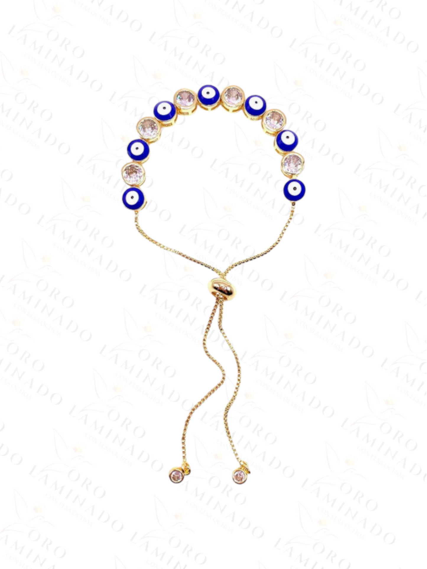 Gold Filled Adjustable Blue Evil Eye Bracelet With White Stones