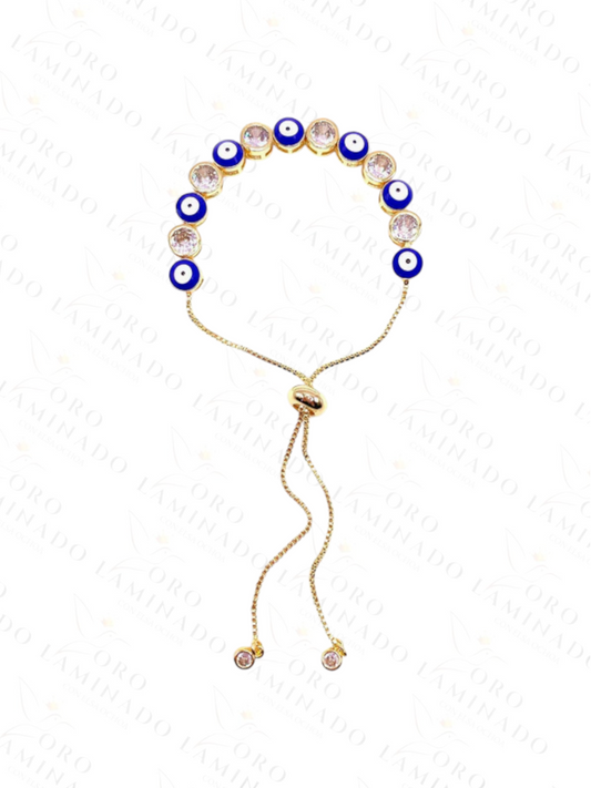 Gold Filled Adjustable Blue Evil Eye Bracelet With White Stones