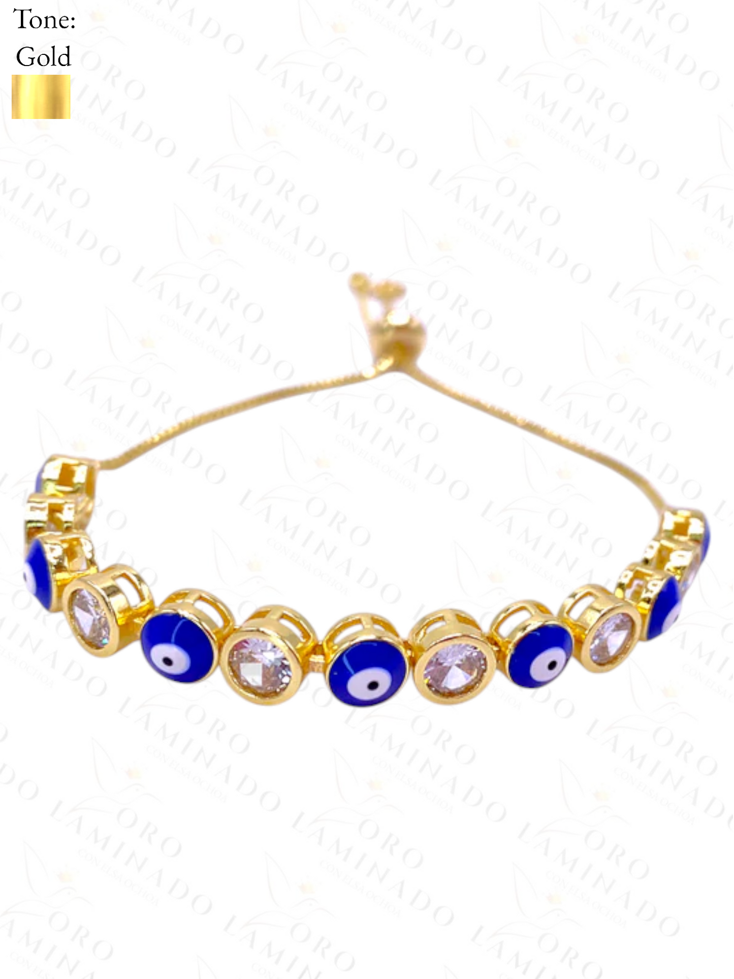 Gold Filled Adjustable Blue Evil Eye Bracelet With White Stones