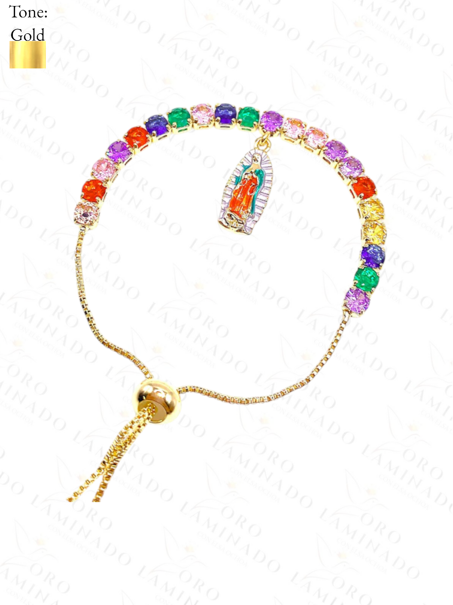 Gold Filled Adjustable Rainbow Virgen de Guadalupe BraceletY34