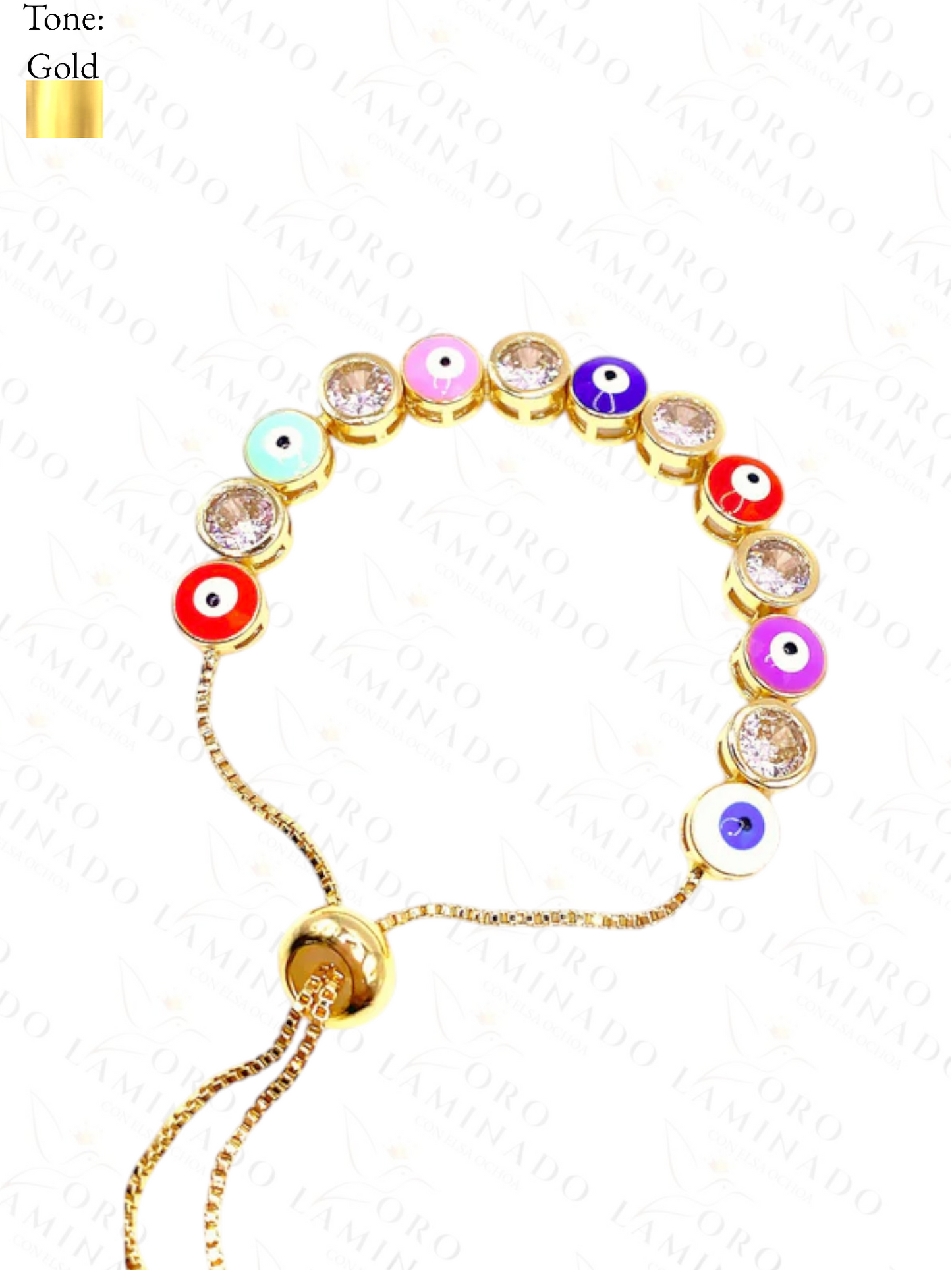 Gold Filled Multicolor Evil Eye Adjustable Bracelet With White Stones B235