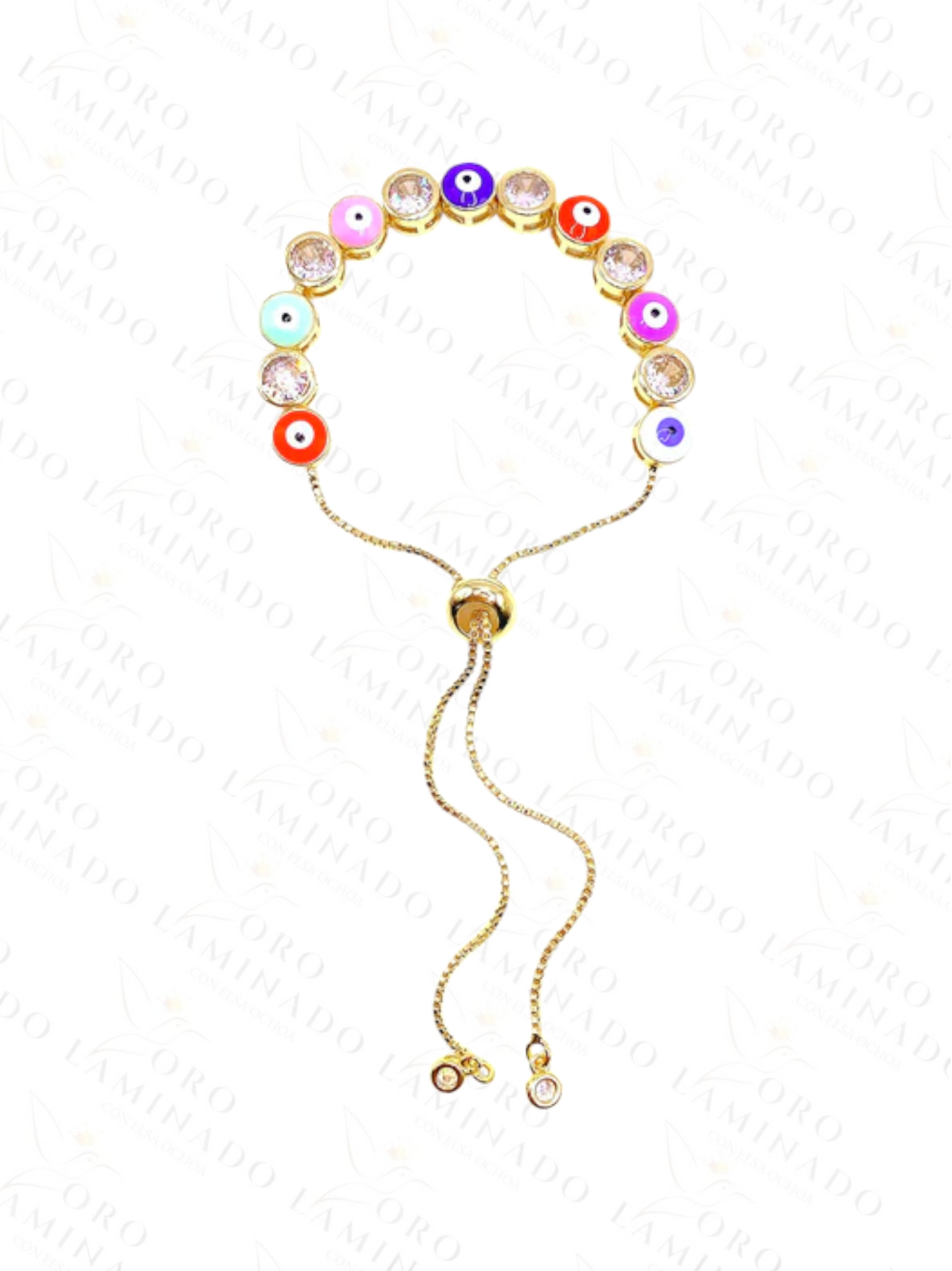 Gold Filled Multicolor Evil Eye Adjustable Bracelet With White Stones B235