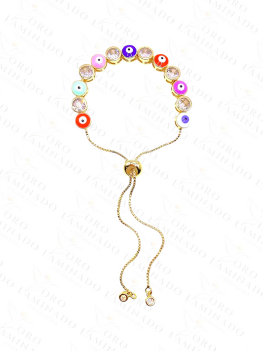 Gold Filled Multicolor Evil Eye Adjustable Bracelet With White Stones B235