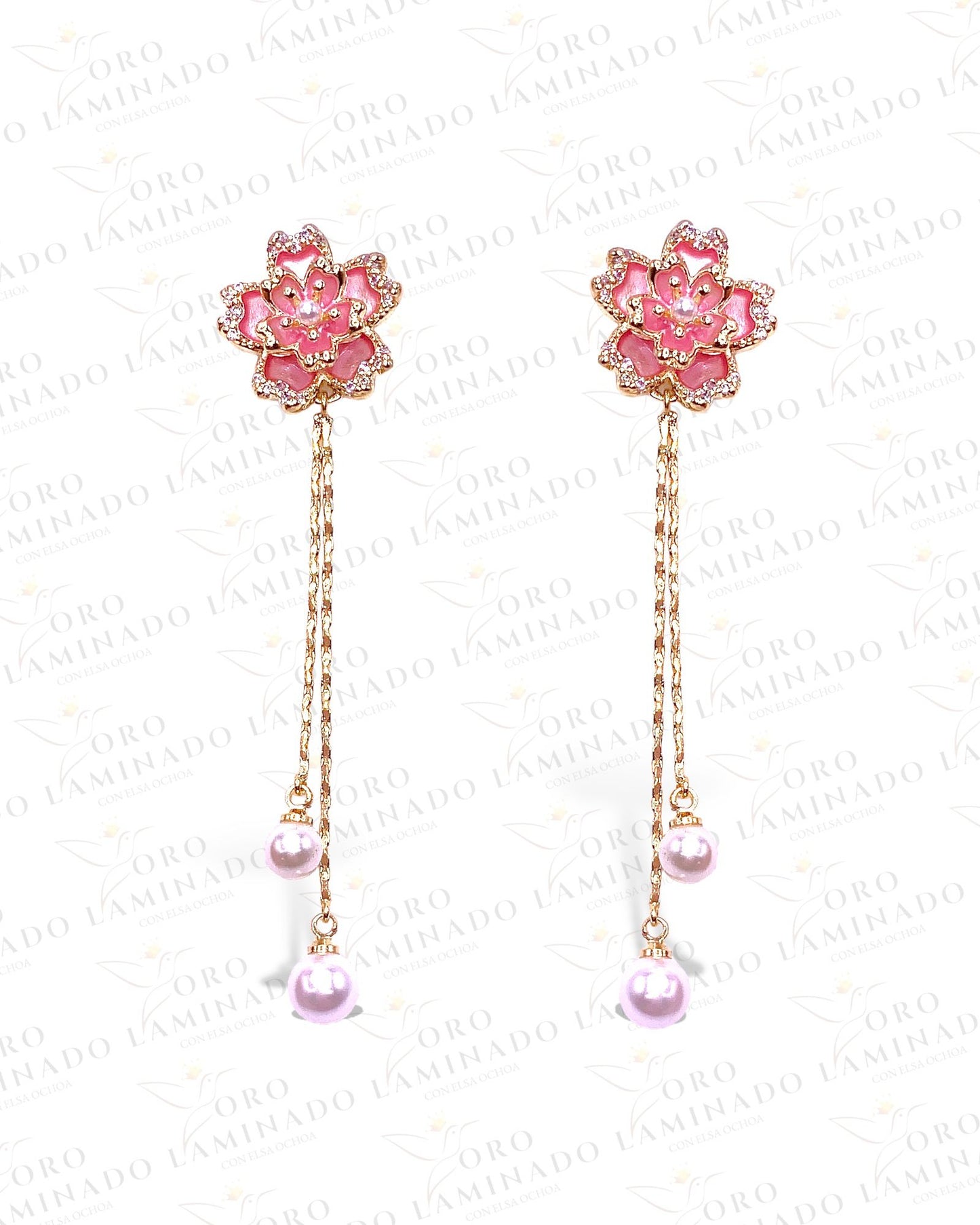 Pink Flower Earring with Dangling Pearls G95