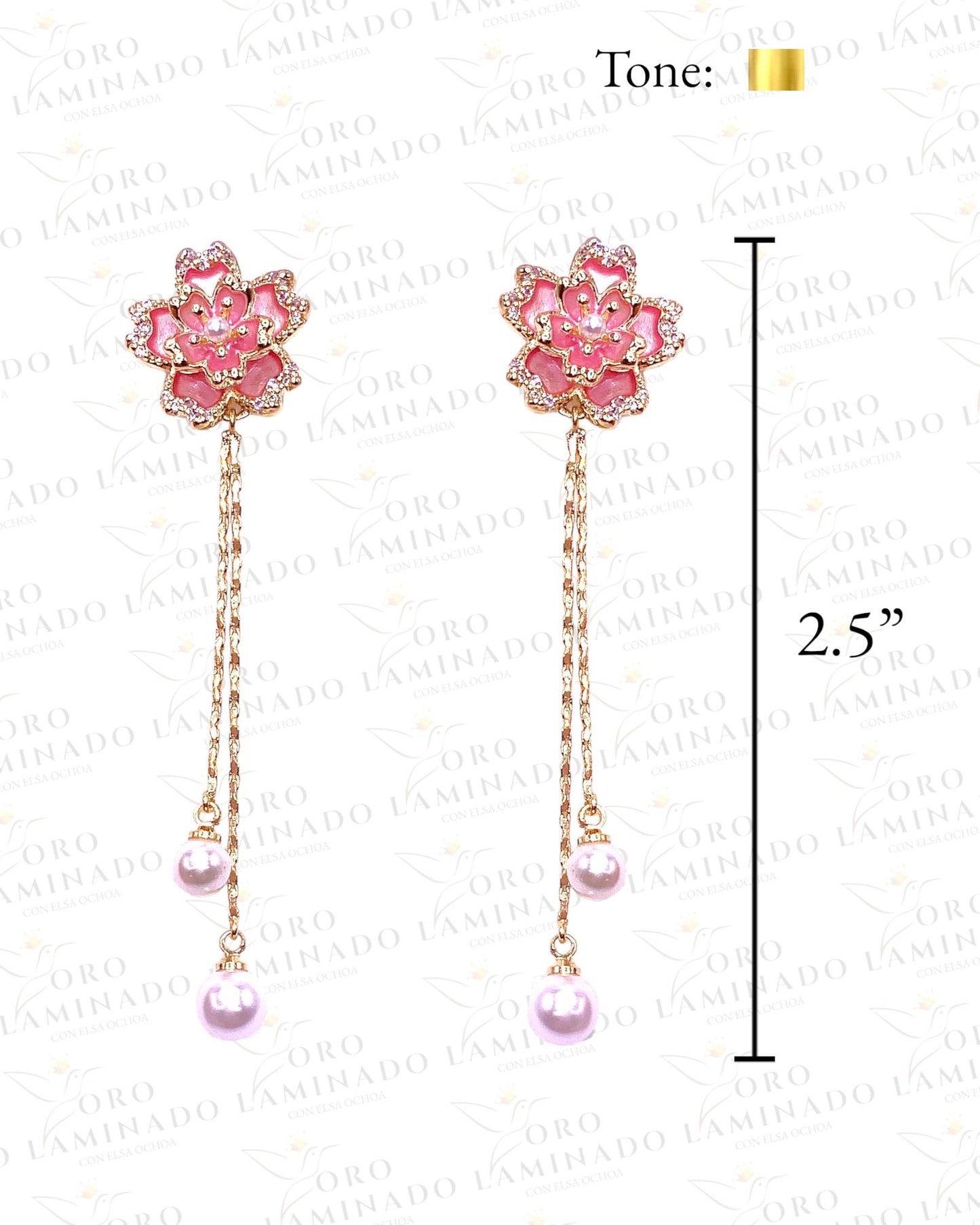 Pink Flower Earring with Dangling Pearls G95