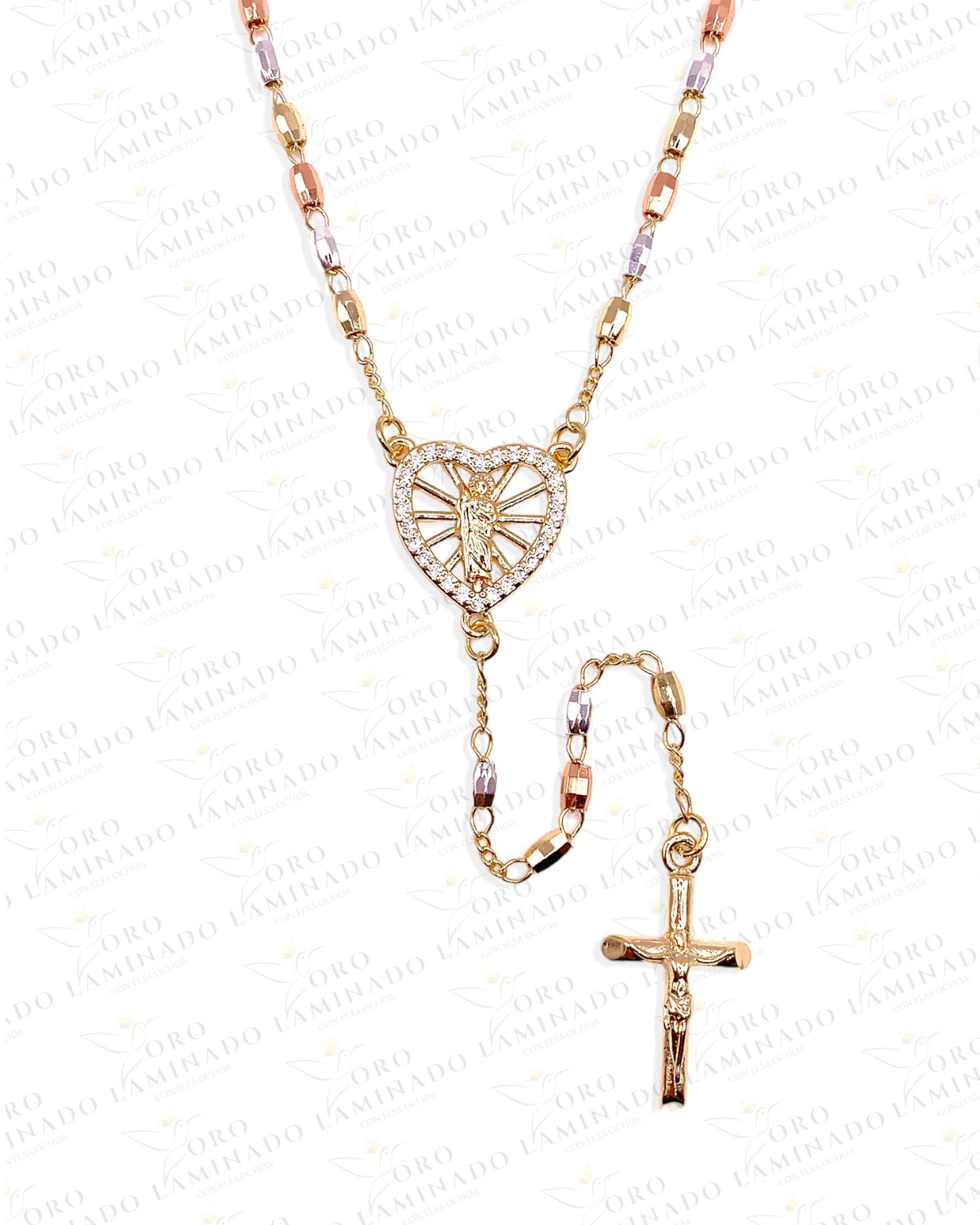 22" Saint Jude Heart Tri-Gold Rosary C331