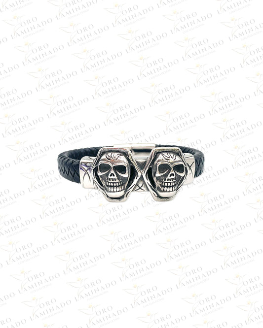 Stainless Steel/Leather Silver Skull Men's Bracelet B260