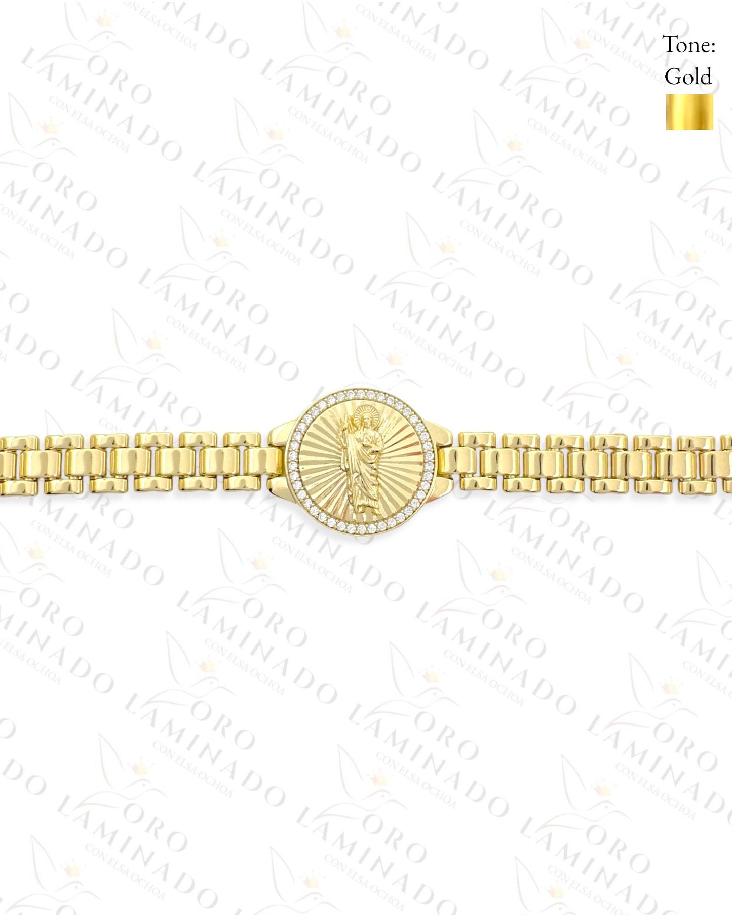 Gold Filled San Judas Tadeo Bracelet with Shiny Stones R193