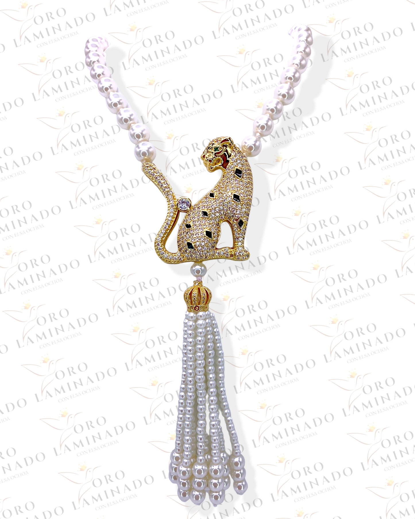 Long Pearl Necklace With Gold Full Jaguar R170