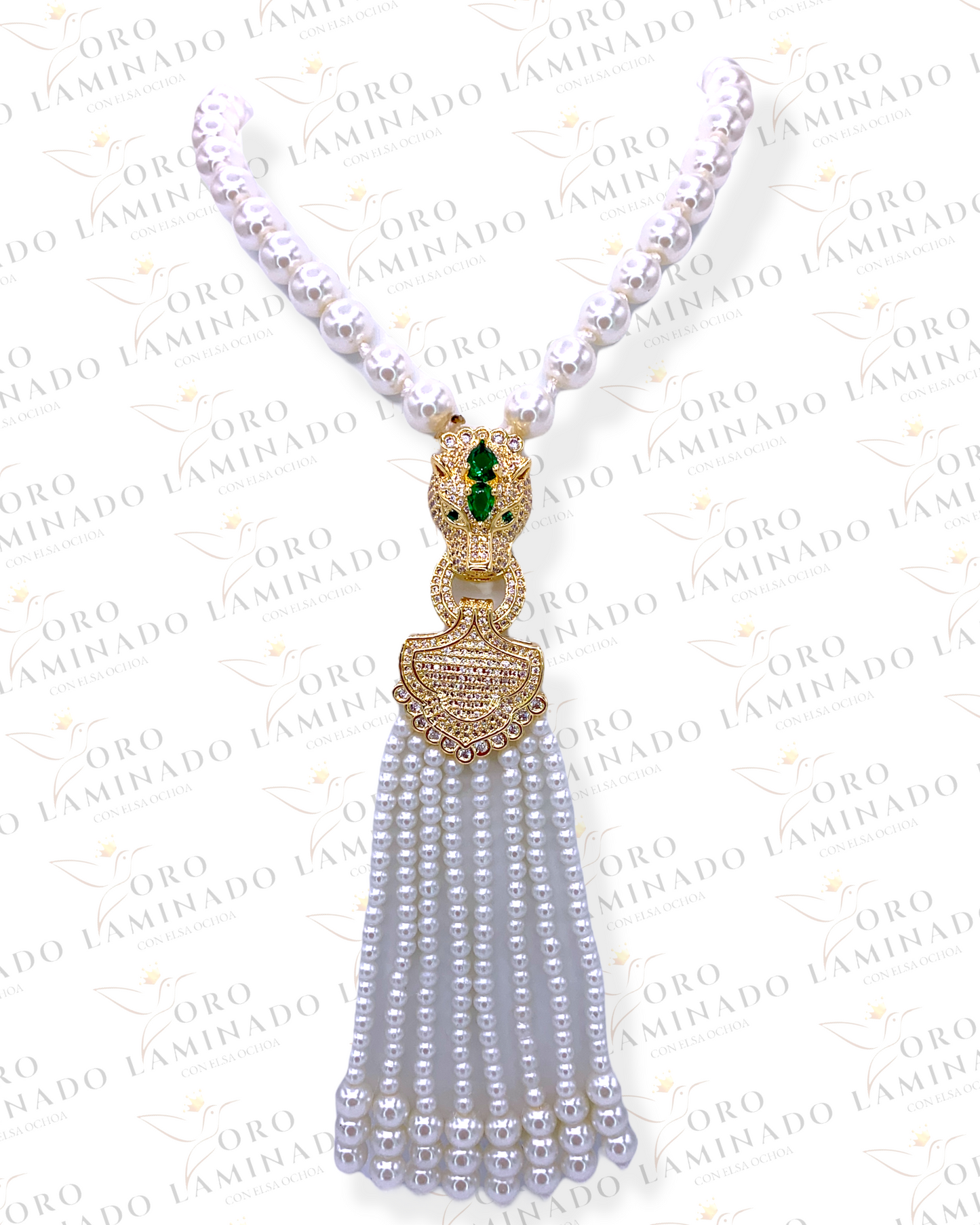 Long Pearl Necklace With Gold Jaguar Head R169