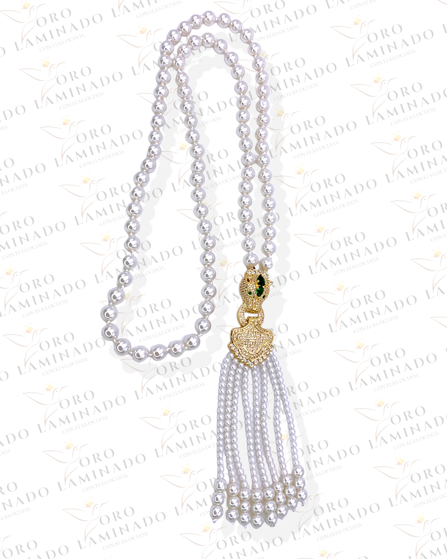 Long Pearl Necklace With Gold Jaguar Head R169