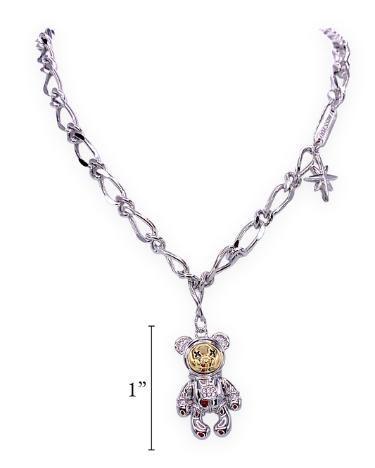 High Quality 1” Silver Astronaut Bear Pendant With Chain Y101