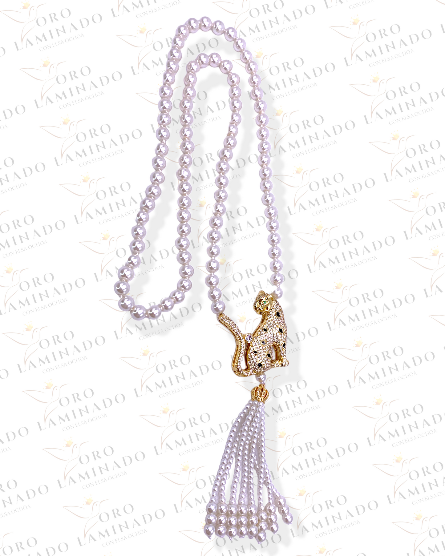 Long Pearl Necklace With Gold Full Jaguar R170