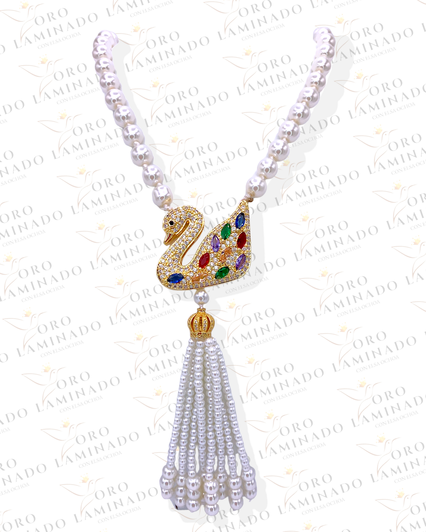 Long Pearl Necklace With Gold Multicolor Swan R167