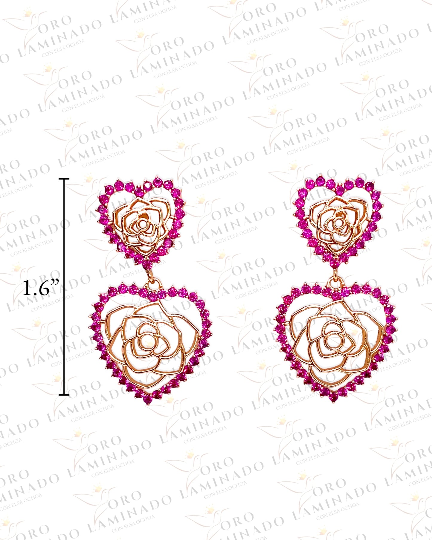High Quality 1.6” Double Heart Earrings With Pink Stones B178