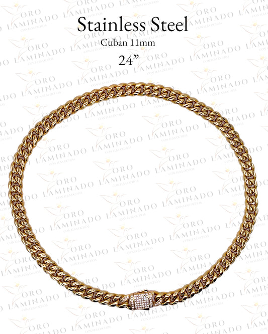 24” 11mm Stainless Steel Cuban Chain With Stoned Clasp R187