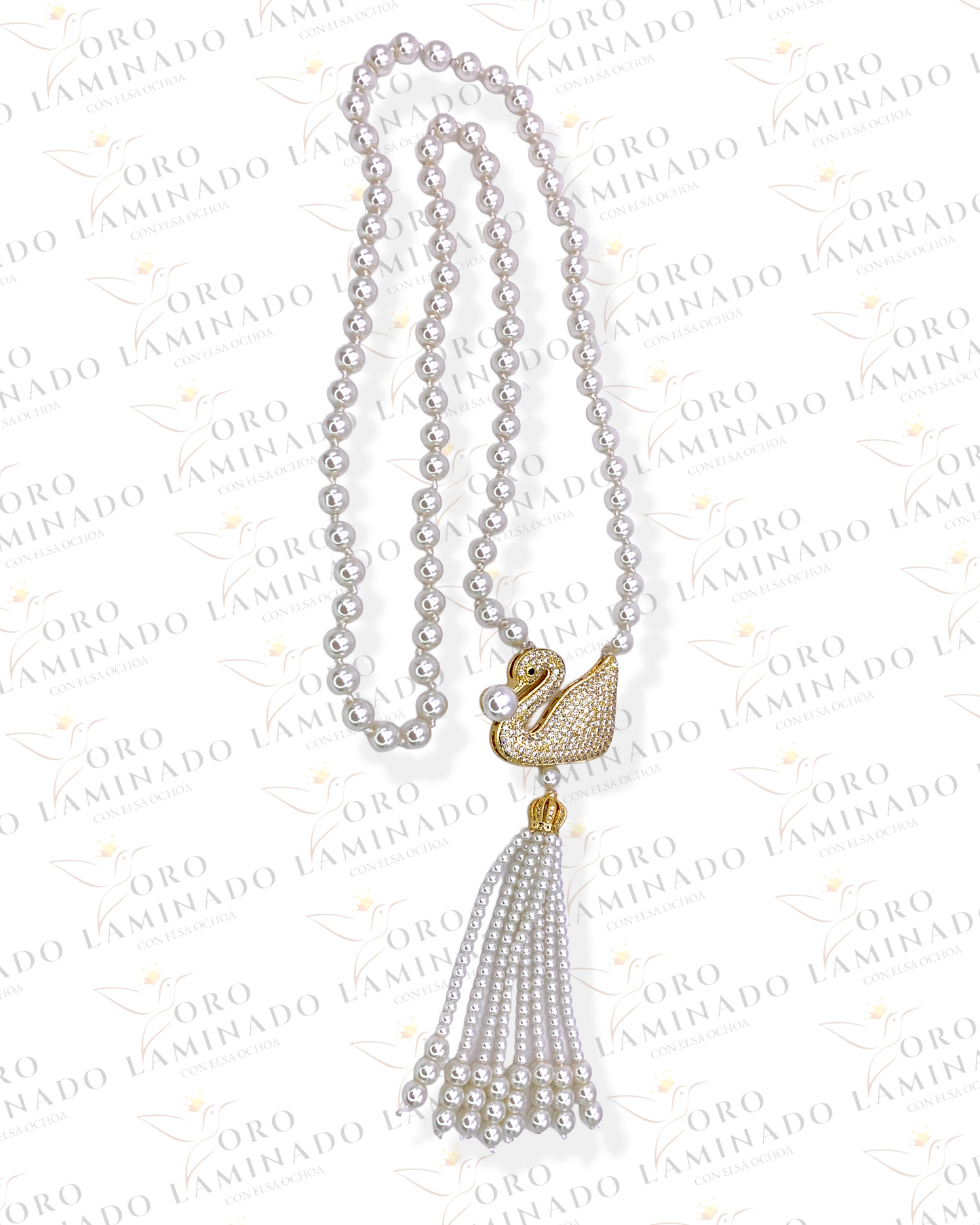 Long Pearl Necklace With Gold Swan R168