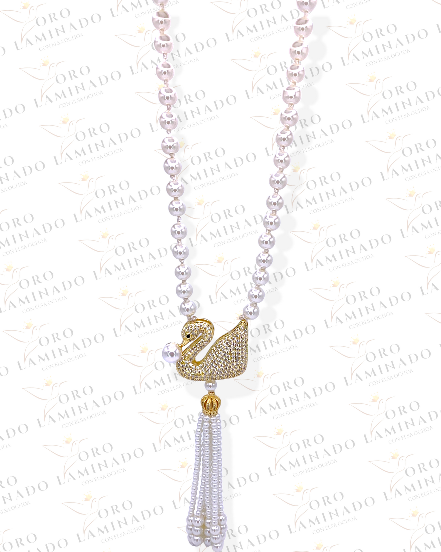 Long Pearl Necklace With Gold Swan R168