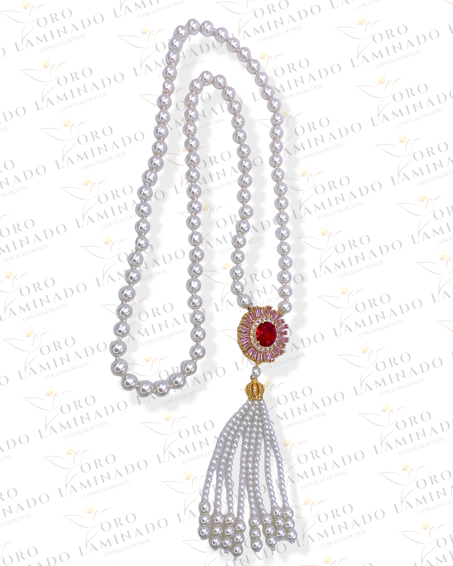 Long Pearl Necklace With Gold Pink Cristal R166