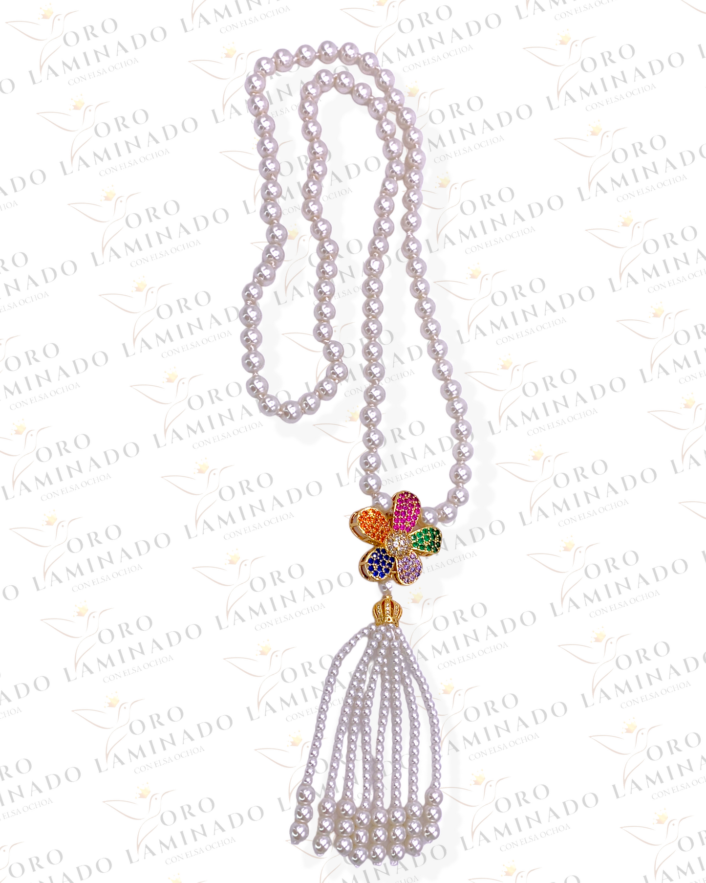 Long Pearl Necklace With Gold Multicolor Flower R162