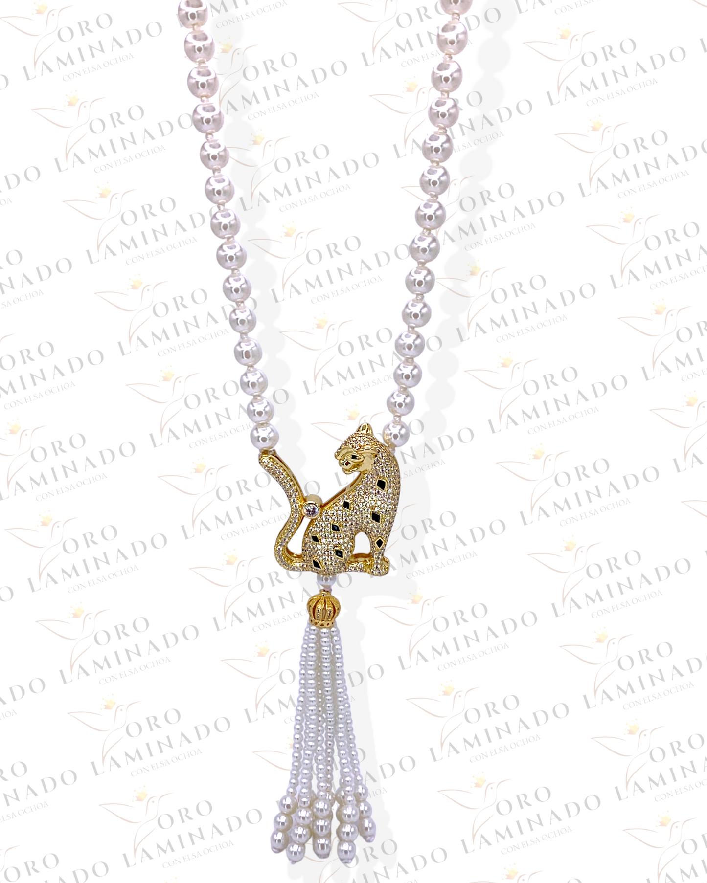 Long Pearl Necklace With Gold Full Jaguar R170