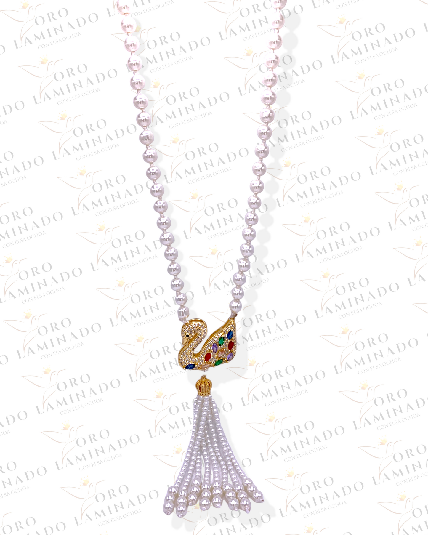 Long Pearl Necklace With Gold Multicolor Swan R167