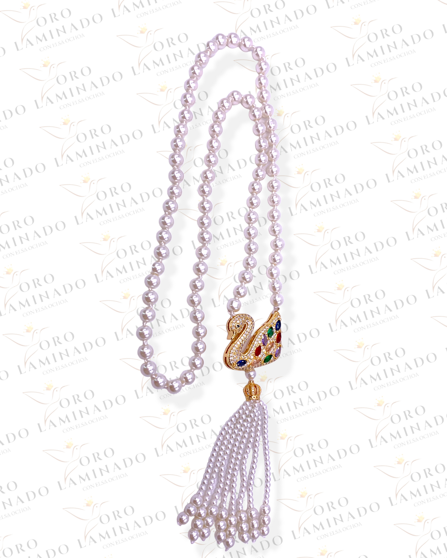 Long Pearl Necklace With Gold Multicolor Swan R167