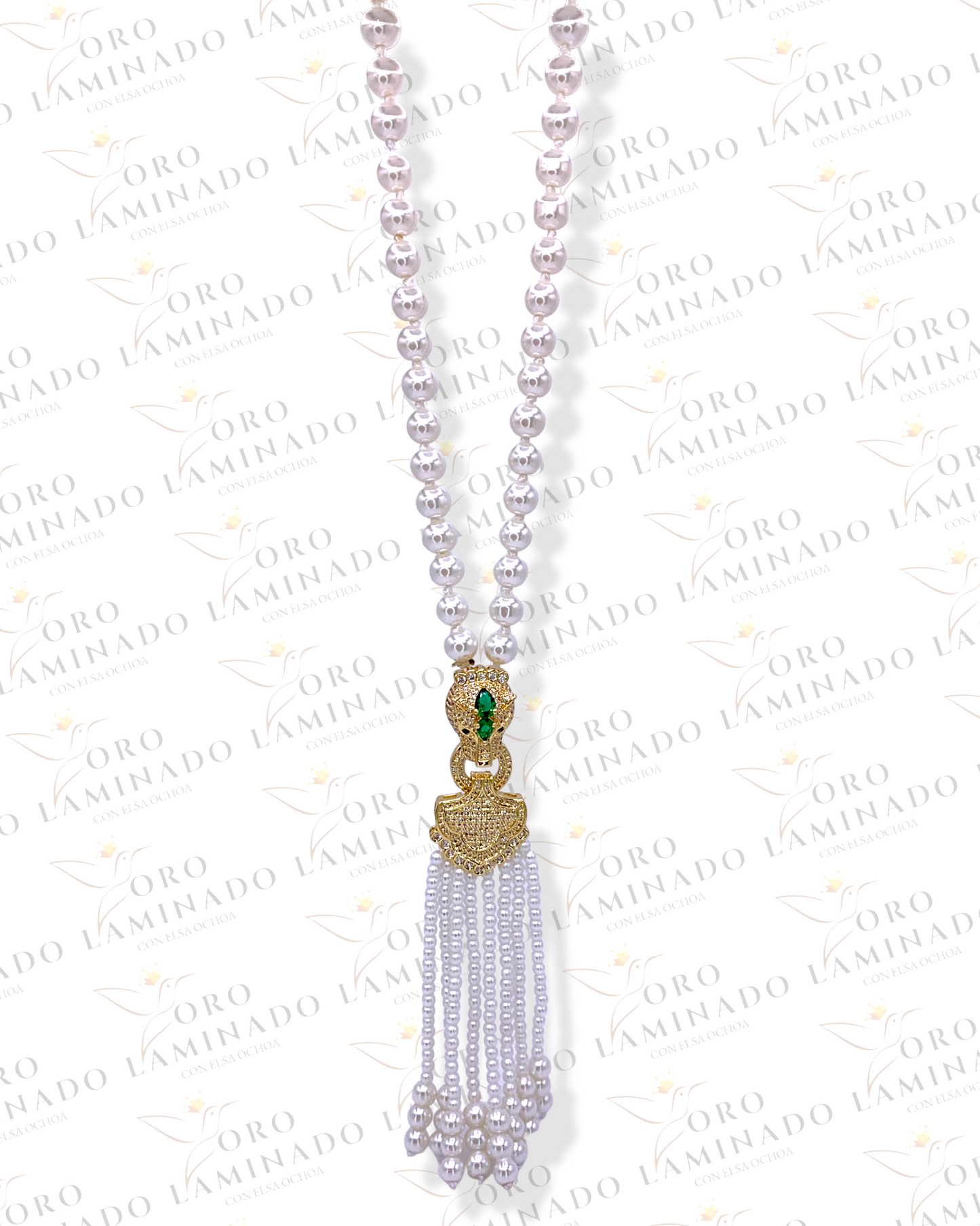 Long Pearl Necklace With Gold Jaguar Head R169